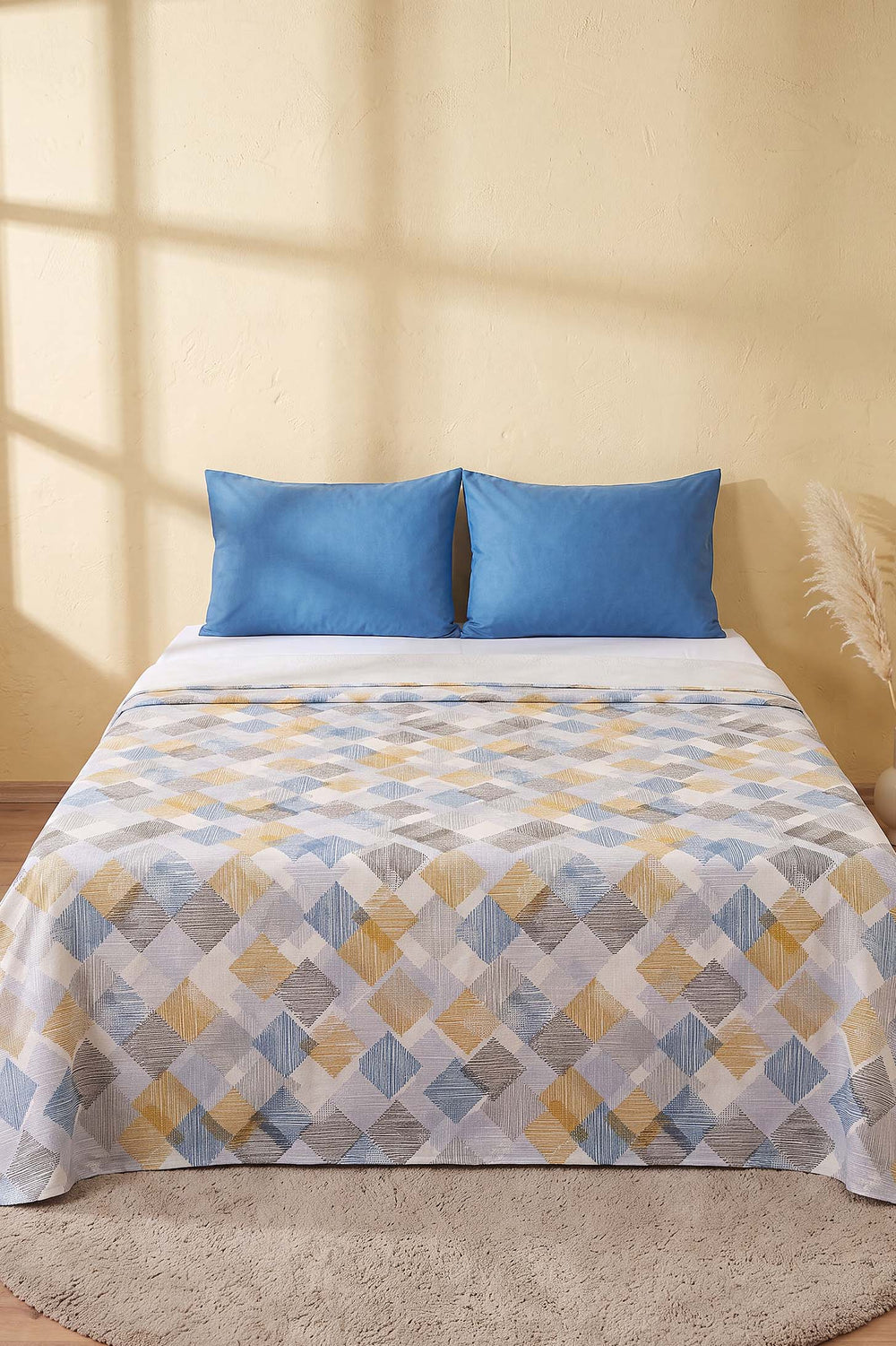 Blue Abstract Block Patterned Double Printed Bedspread & Pique 200x230 Cm