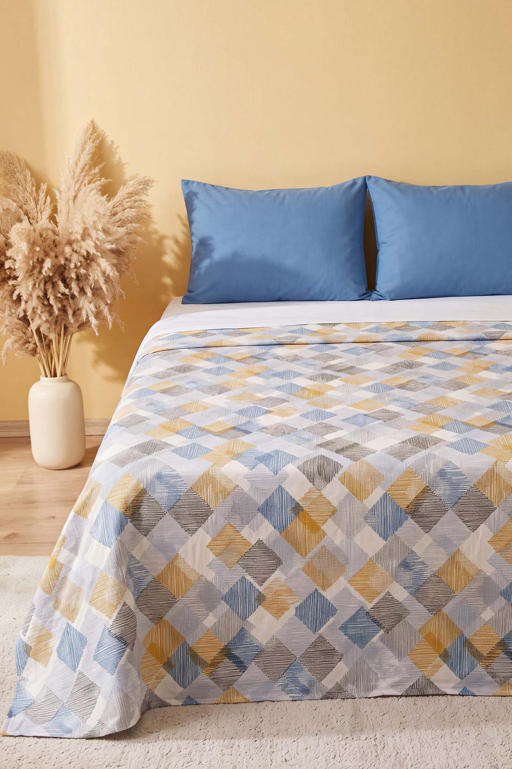 Blue Abstract Block Patterned Double Printed Bedspread & Pique 200x230 Cm