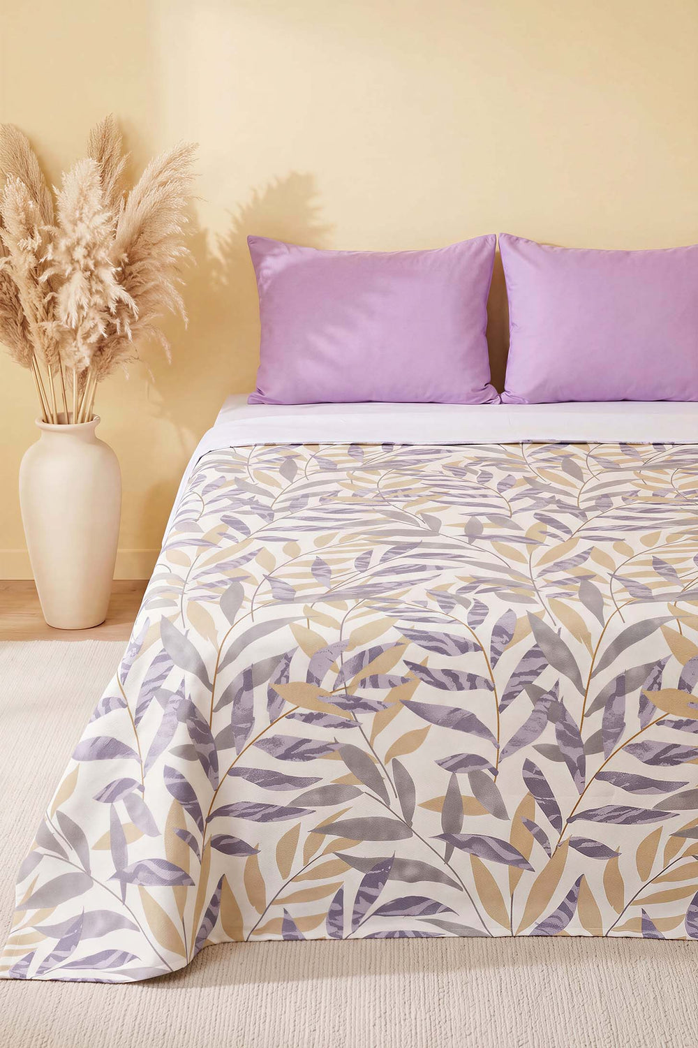 Gray Laurel Branch Patterned Double Printed Bedspread & Pique 200x230 Cm
