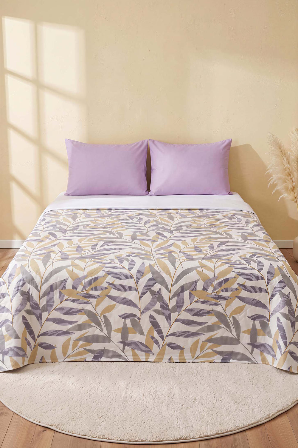 Gray Laurel Branch Patterned Double Printed Bedspread & Pique 200x230 Cm