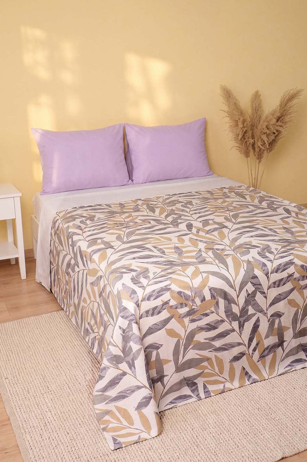 Gri Defne Dalı Desenli Çift Kişilik Baskılı Pike Yatak Örtüsü 200X230 Cm