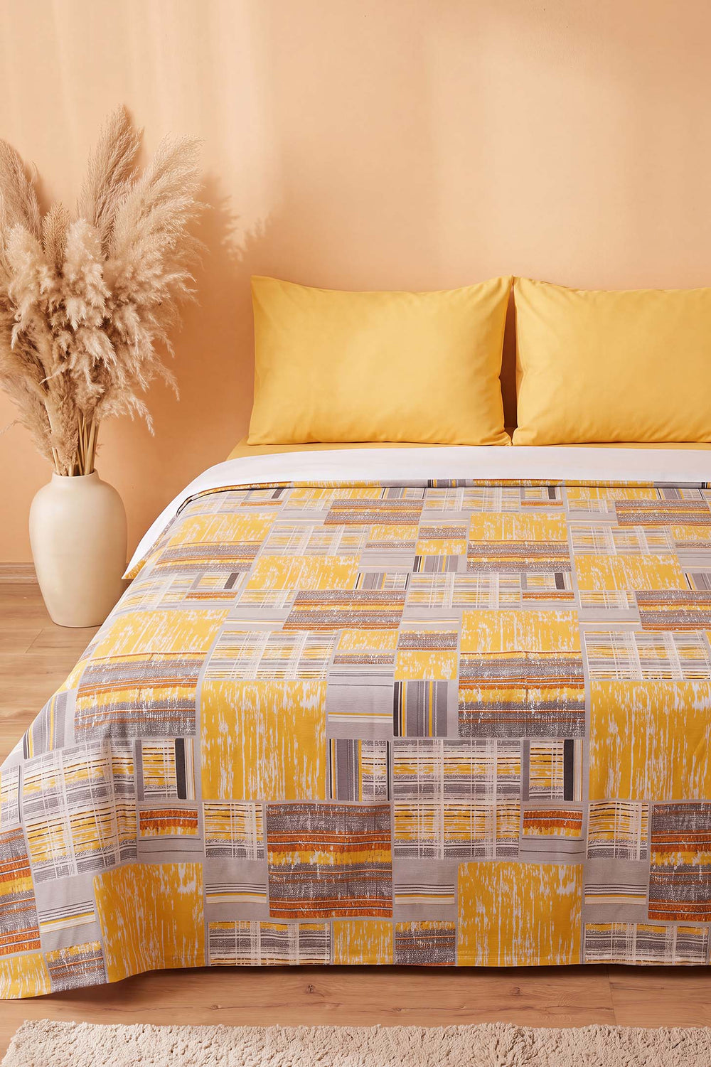Mustard Collage Patterned Double Printed Bedspread & Pique 200x230 Cm
