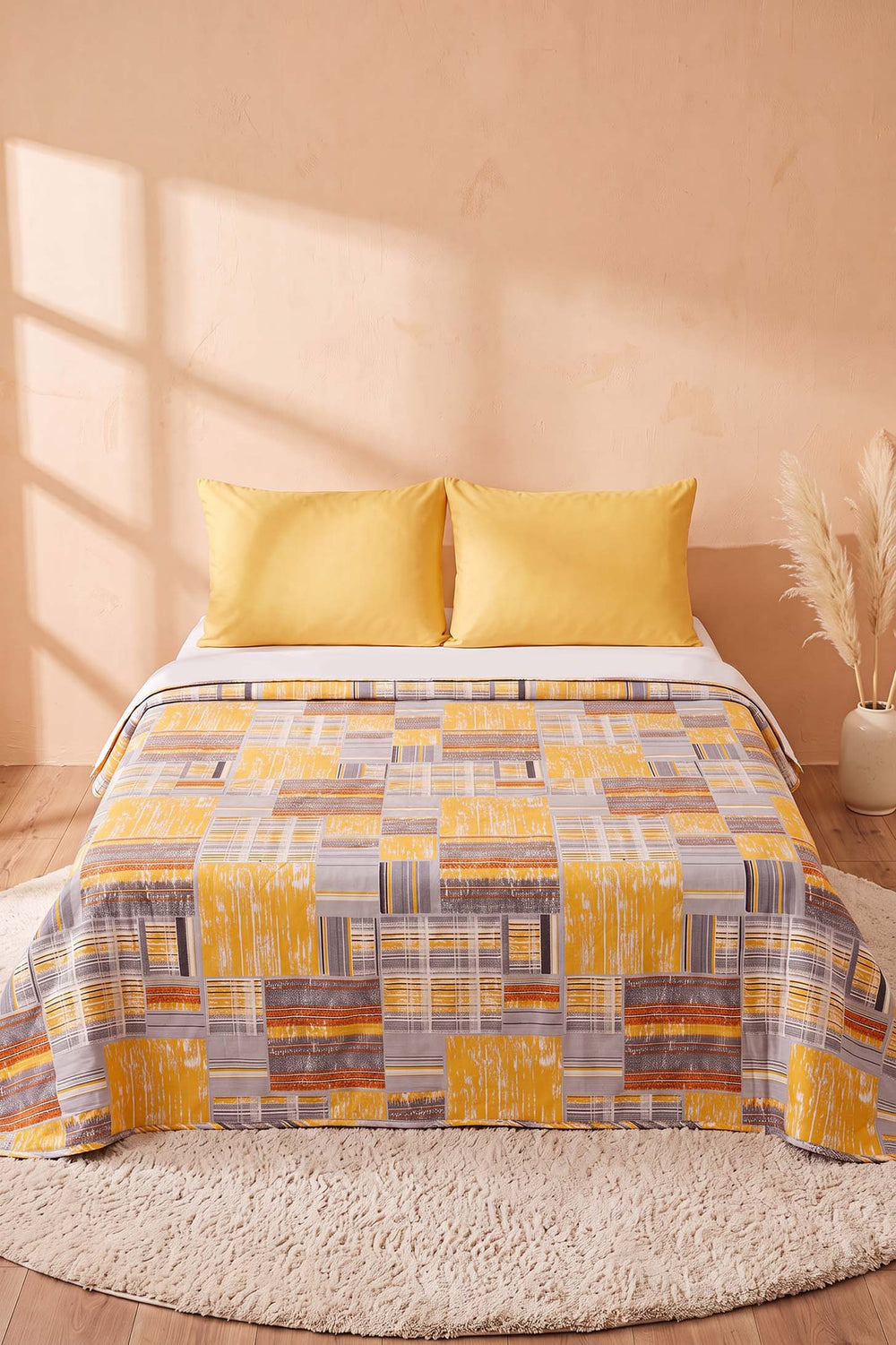 Mustard Collage Patterned Double Printed Bedspread & Pique 200x230 Cm