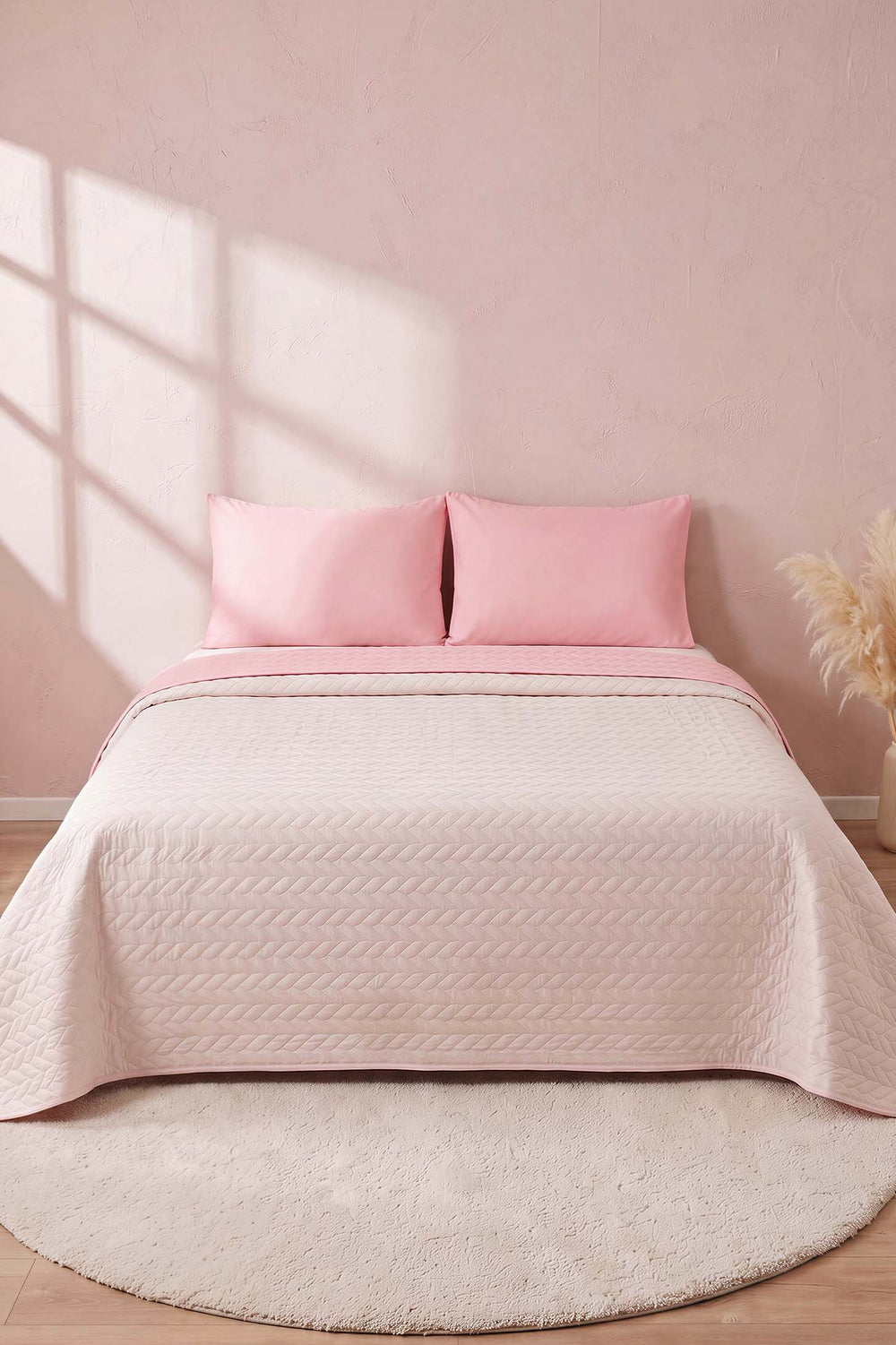 Powder Pink Ultrasonic Reversible Double Quilted Bedspread & Pique 180x240 Cm