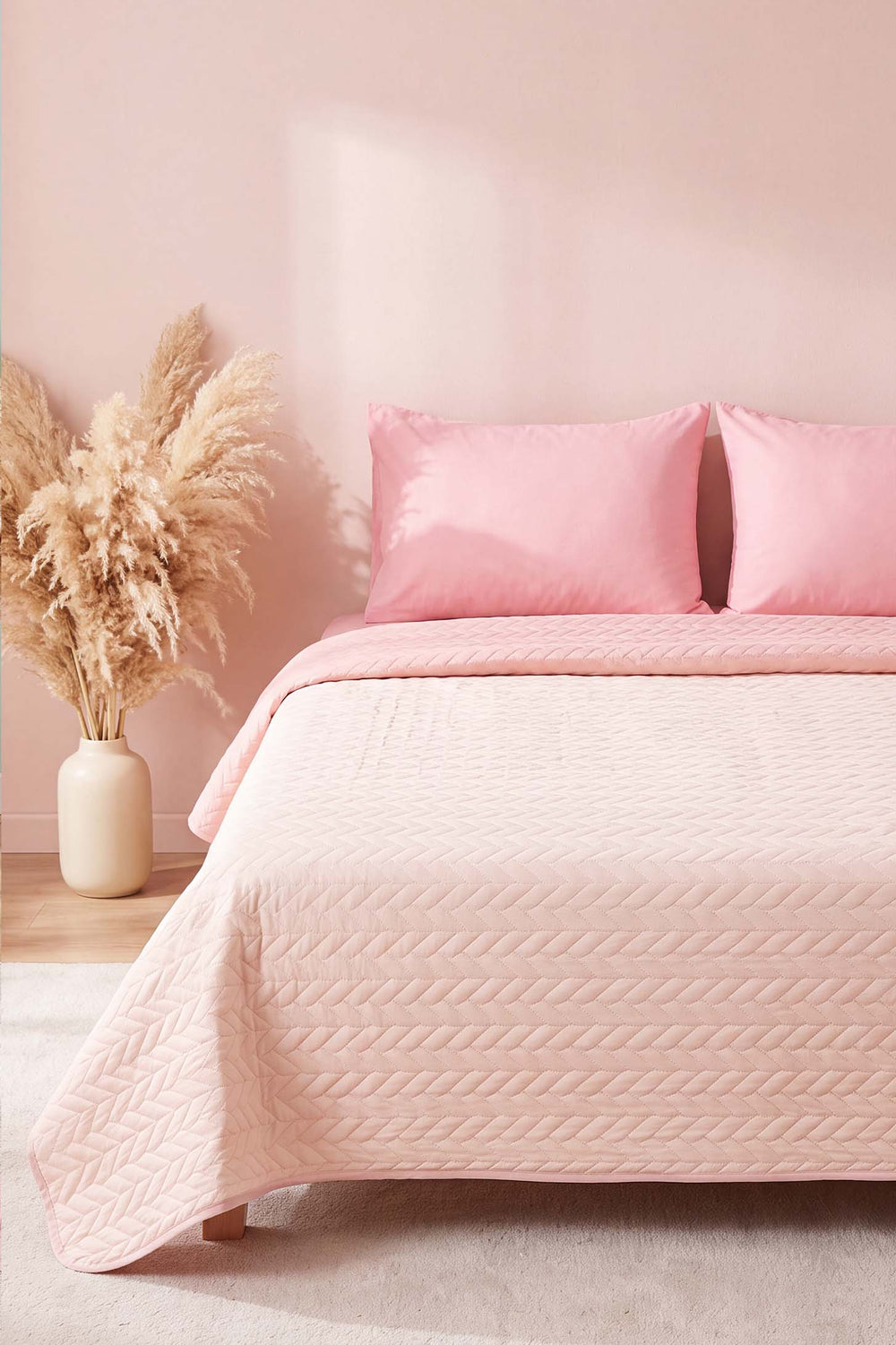 Powder Pink Ultrasonic Reversible Double Quilted Bedspread & Pique 180x240 Cm