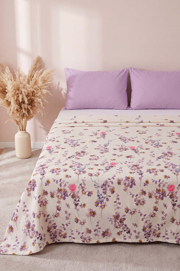 Mor Flora Çift Kişilik Baskılı Pike Yatak Örtüsü 210X230 Cm