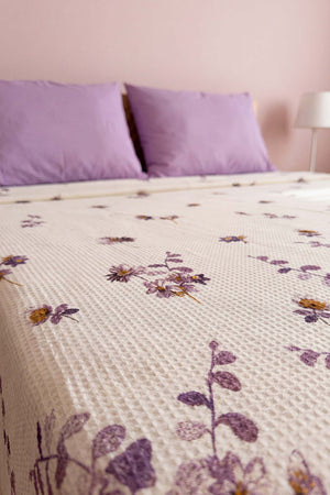 Mor Flora Çift Kişilik Baskılı Pike Yatak Örtüsü 210X230 Cm