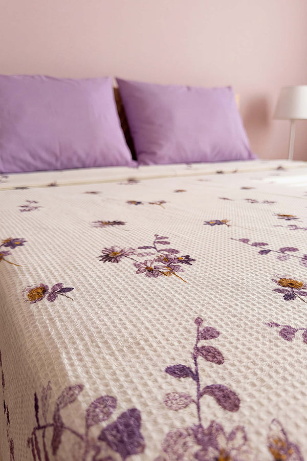 Mor Flora Çift Kişilik Baskılı Pike Yatak Örtüsü 210X230 Cm