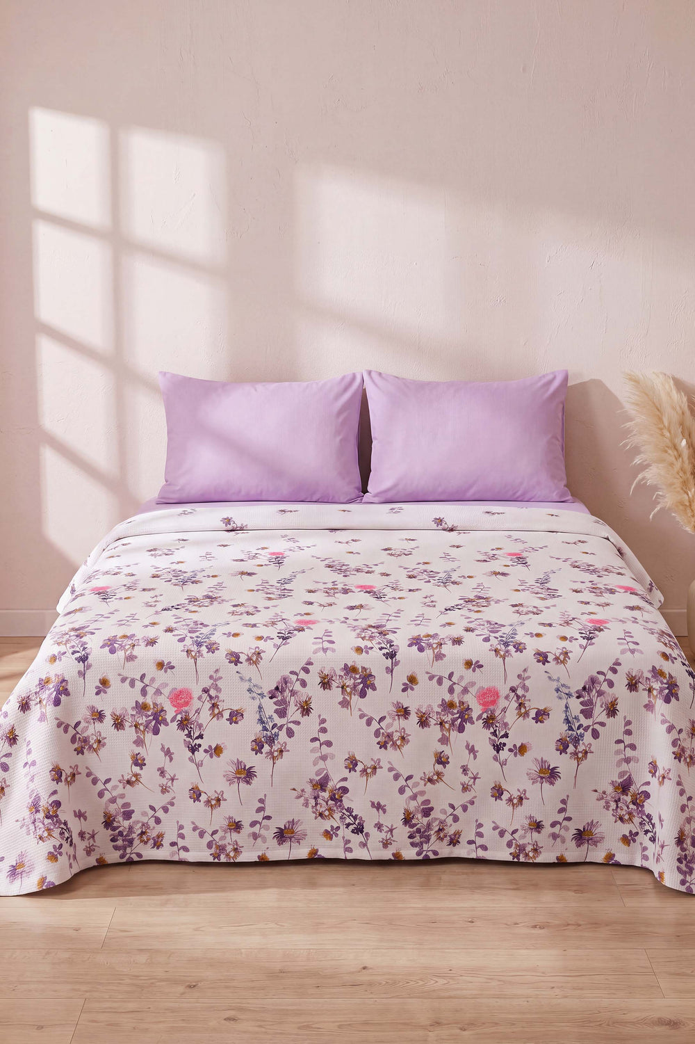 Purple Flora Double Printed Bedspread & Pique 210x230 Cm