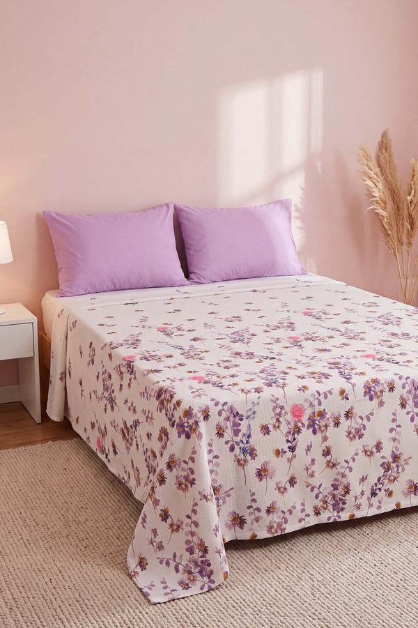 Mor Flora Çift Kişilik Baskılı Pike Yatak Örtüsü 210X230 Cm
