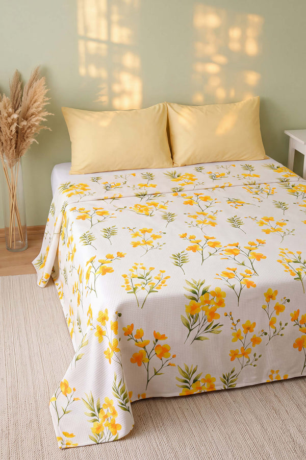 Sarı Daisy Çift Kişilik Baskılı Pike Yatak Örtüsü 210X230 Cm