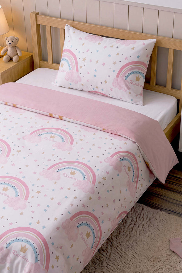 Pembe Gökkuşağı Tek Kişilik Pamuklu Çocuk Nevresim Takımı