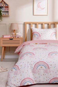 Pembe Gökkuşağı Tek Kişilik Pamuklu Çocuk Nevresim Takımı