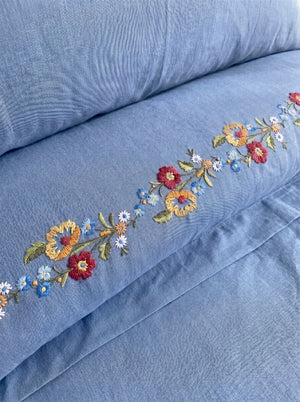 Velora Blue Floral Embroidered Cotton Double Duvet Cover Set – 6 Pieces