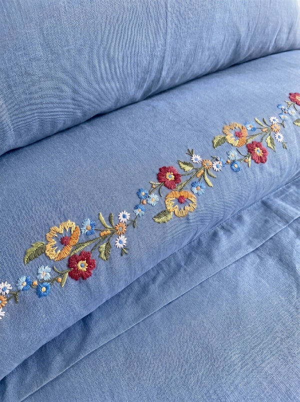 Velora Blue Floral Embroidered Cotton Double Duvet Cover Set – 6 Pieces