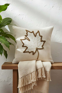 Brown Leaf Patterned Punch & Embroidered Decorative Cushion Cover – Woven Rattan Look, Blue Leaves, Hidden Zipper, 43x43 cm