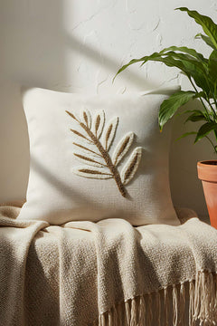 Brown Leaves Punch & Embroidered Decorative Cushion Cover – Woven Rattan Look, Blue Leaves, Hidden Zipper, 43x43 cm