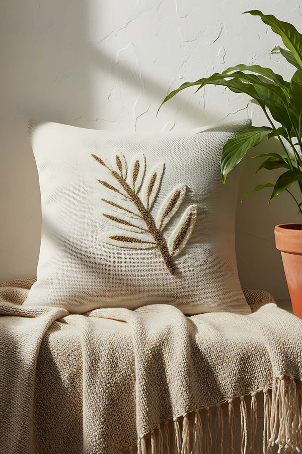 Brown Leaves Straw-Look Woven Punch Cushion Cover