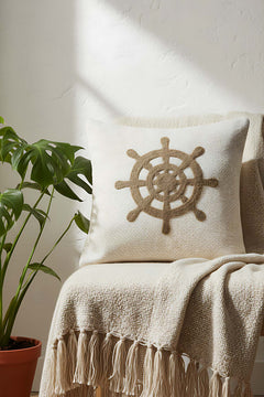 Brown Rudder Punch & Embroidered Decorative Cushion Cover – Woven Rattan Look, Blue Leaves, Hidden Zipper, 43x43 cm