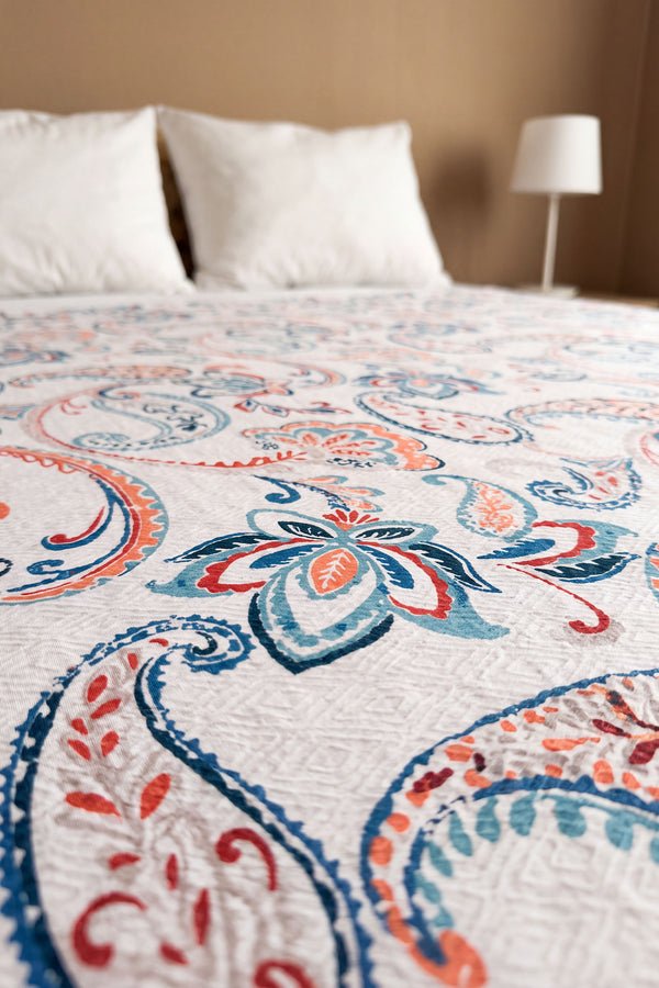Etnik Floral Desen Çift Kişilik Baskılı Pike Yatak Örtüsü 200X230 Cm