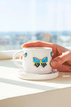 Butterfly Amore Single Coffee Set – Handmade Ceramic Cup & Saucer, 180 ml (Cappuccino/Double Espresso)
