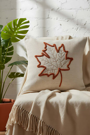 Terracotta Leaf Patterned Woven Straw-Look Punch Cushion Cover