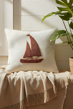 Terracotta Sailboat Punch & Embroidered Decorative Cushion Cover – Woven Rattan Look, Blue Leaves, Hidden Zipper, 43x43 cm