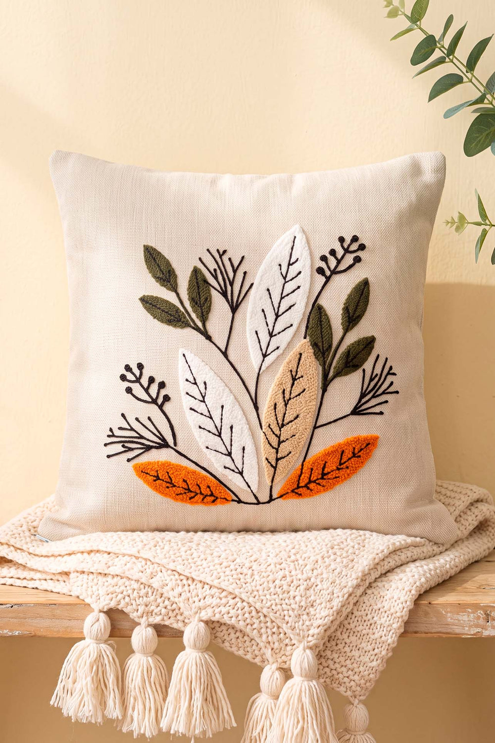 Botanical Leaf Patterned Punch Decorative Cushion Cover
