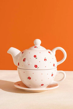 Red Flower Amore 4-Piece Tea-for-One Set – Handmade Ceramic Teapot, Cup & Saucer Set, 600 ml