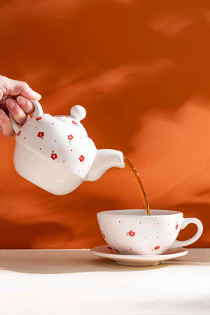 Red Flower Amore 4-Piece Teapot & Cup Set