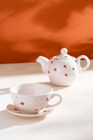 Red Flower Amore 4-Piece Teapot & Cup Set