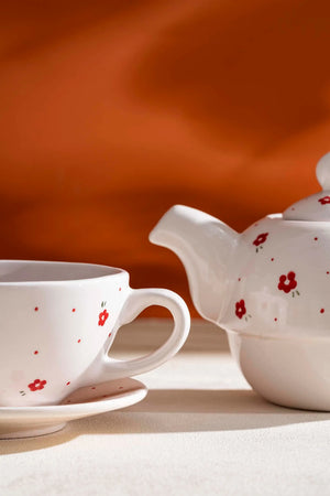 Red Flower Amore 4-Piece Teapot & Cup Set