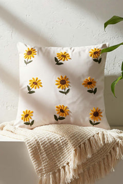 Ecru Base Sunflower Punch & Embroidered Decorative Cushion Cover – Linen Cotton Blend, Ecru Base, Hidden Zipper, 43x43 cm
