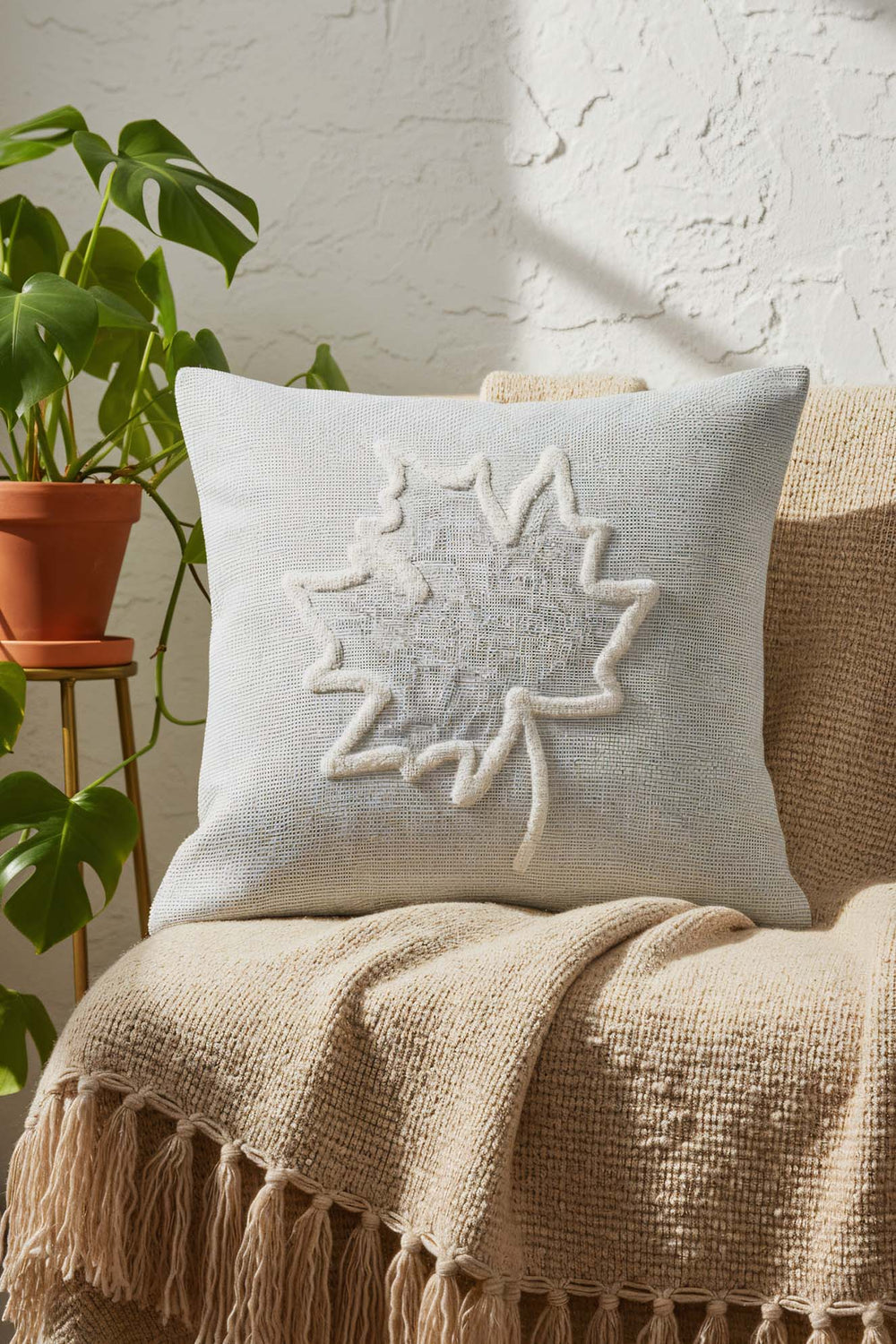 White Leaf Wicker-Look Woven Punch Cushion Cover