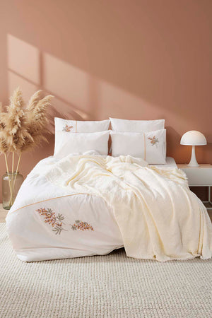 Amber Ecru Embroidered Double Duvet Cover & Bedspread Set – 7-Piece Bridal Set – 100% Cotton