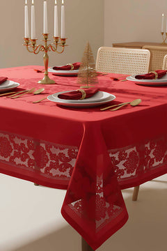 Jumbo Red Jacquard Tablecloth – Liquid Repellent, Stain Resistant, 100% Polyester, 160x220 cm
