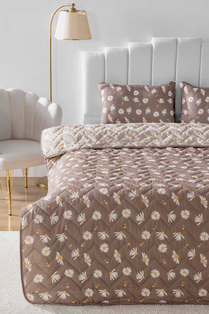 Brown Daisy Quilted Double Cotton Bedspread & Cover