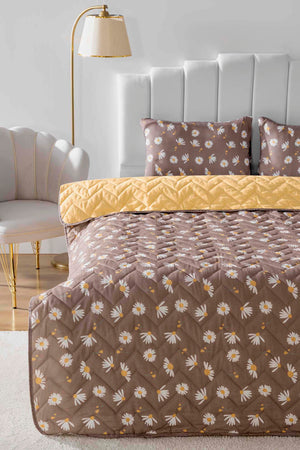 Brown Daisy Polycotton Quilted Throw/Multi-Purpose Bedspread – Double Size, Breathable, Single Piece, 200x200 cm