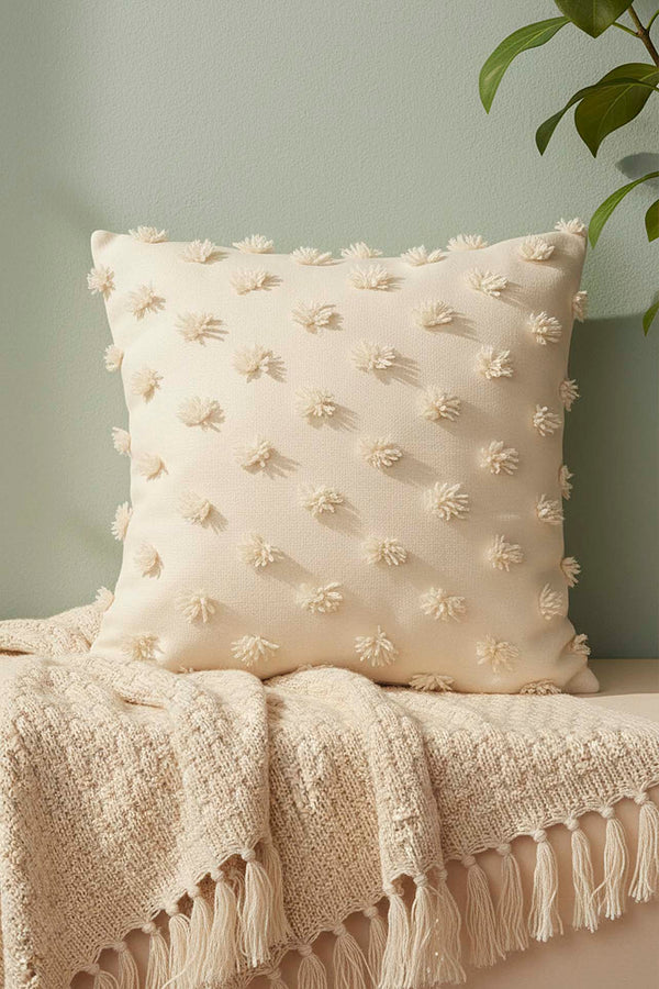 Cream Pompon Detail Punch Decorative Cushion Cover 43x43 cm