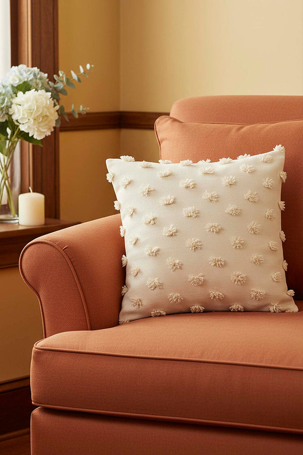 Cream Pompon Detail Punch Decorative Cushion Cover 43x43 cm
