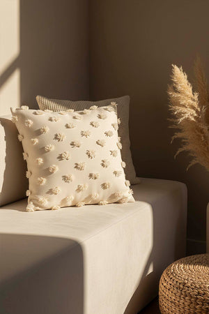 Cream Pompon Detail Punch Decorative Cushion Cover 43x43 cm