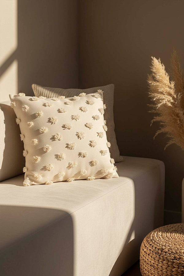 Cream Pompon Detail Punch Decorative Cushion Cover 43x43 cm