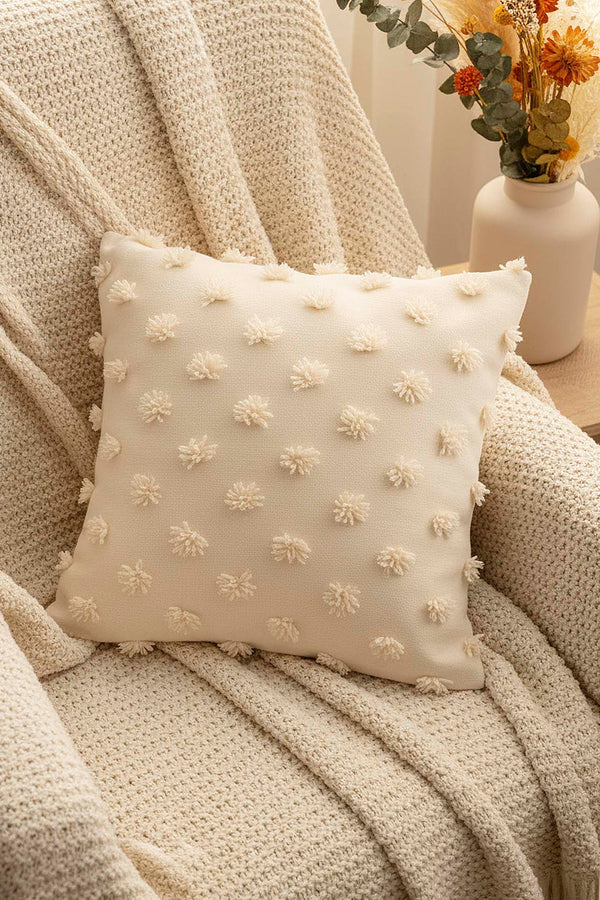 Cream Pompon Detail Punch Decorative Cushion Cover 43x43 cm