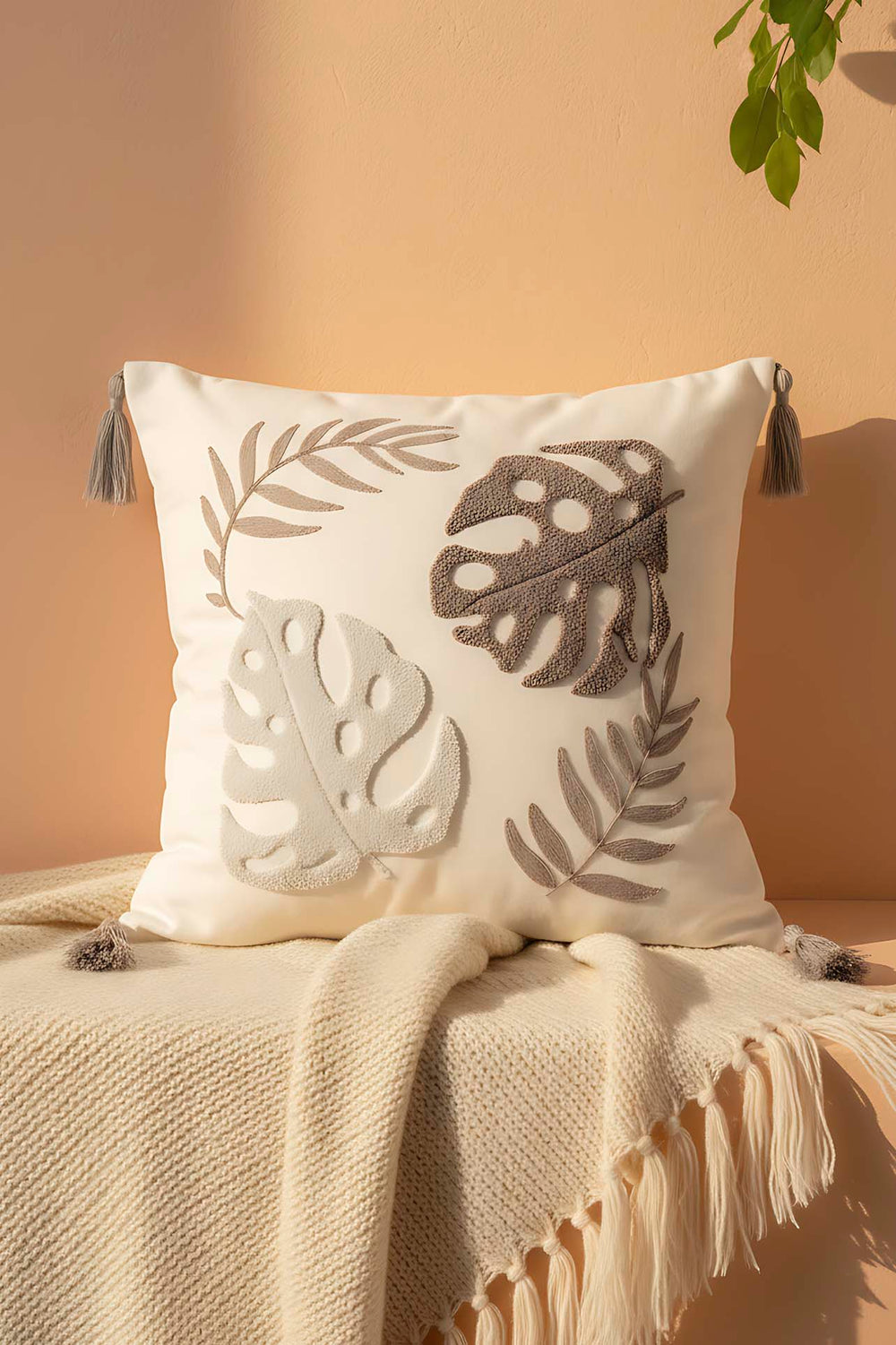 Tropical Leaf Pattern Punch Cushion Cover