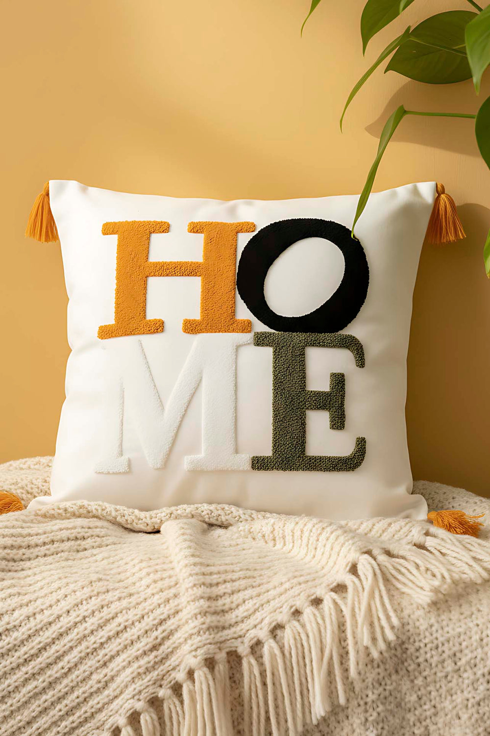 Yellow Tasseled Home Punch Cushion Cover