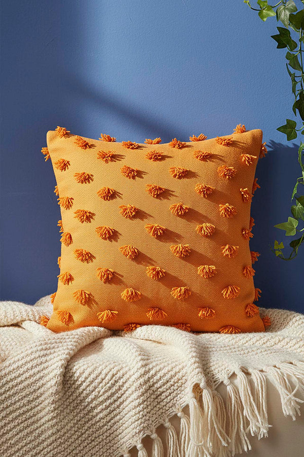 Orange Pompon Detail Punch Decorative Cushion Cover 43x43 cm