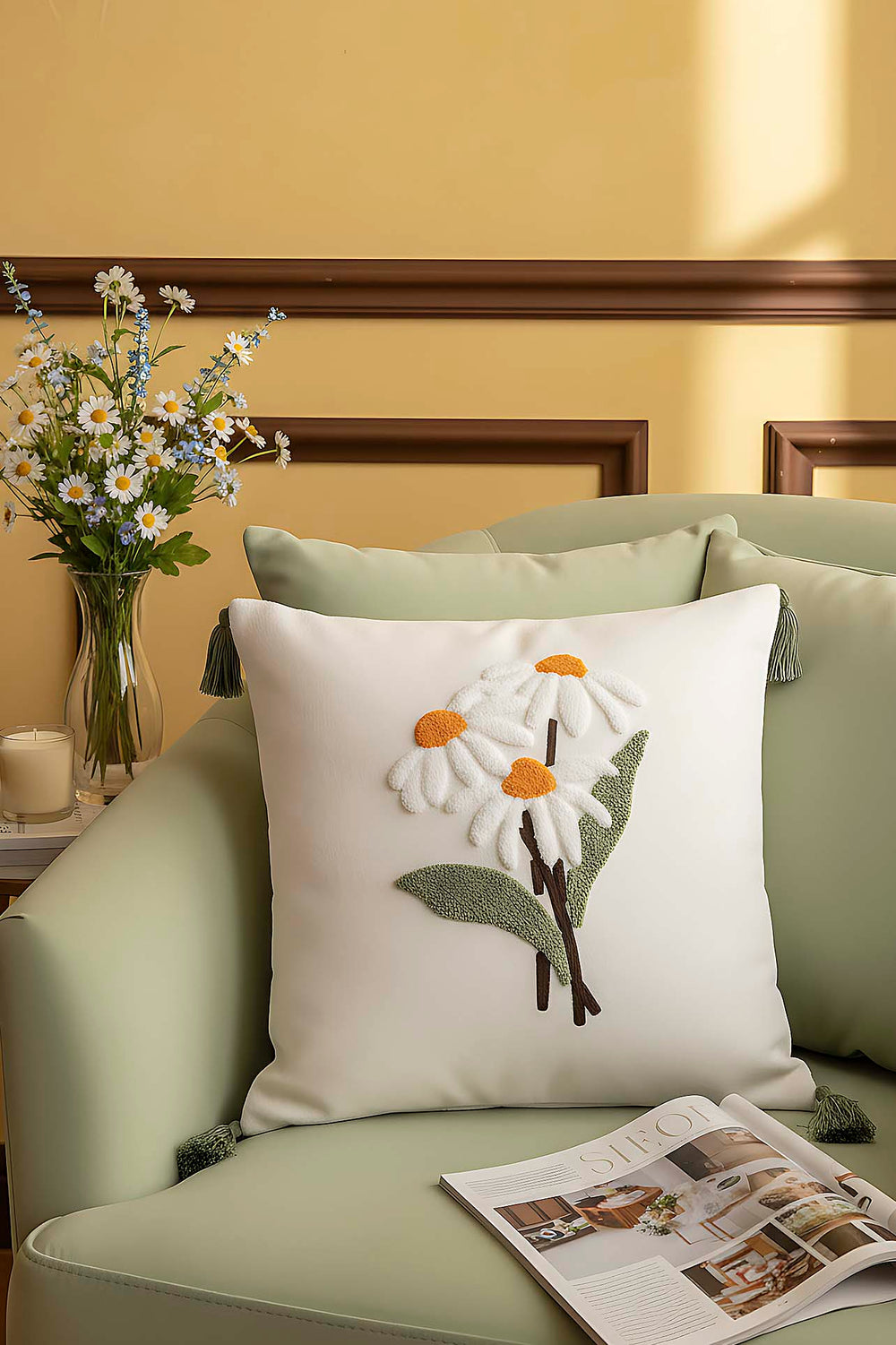 Bohemian Daisy Branch Punch Decorative Cushion Cover