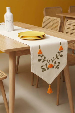 Yellow Floral Embroidered Vintage Linen Runner 40x140 cm