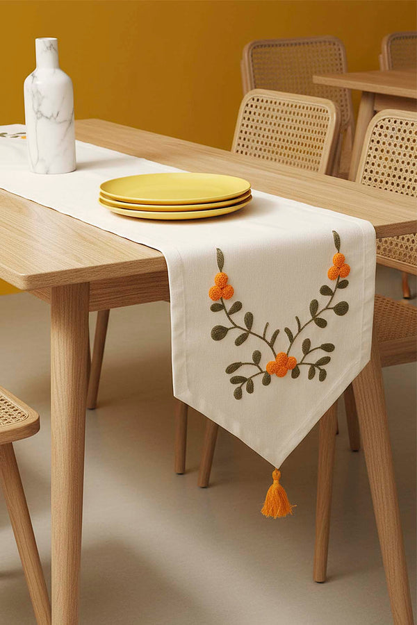 Yellow Floral Embroidered Vintage Linen Runner 40x140 cm