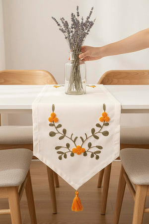 Yellow Floral Embroidered Vintage Linen Runner 40x140 cm